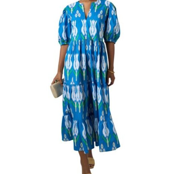 Oliphant Printed Tulip Puff Sleeve Maxi Dress in Blue Size M 100% cotton - Picture 2 of 10